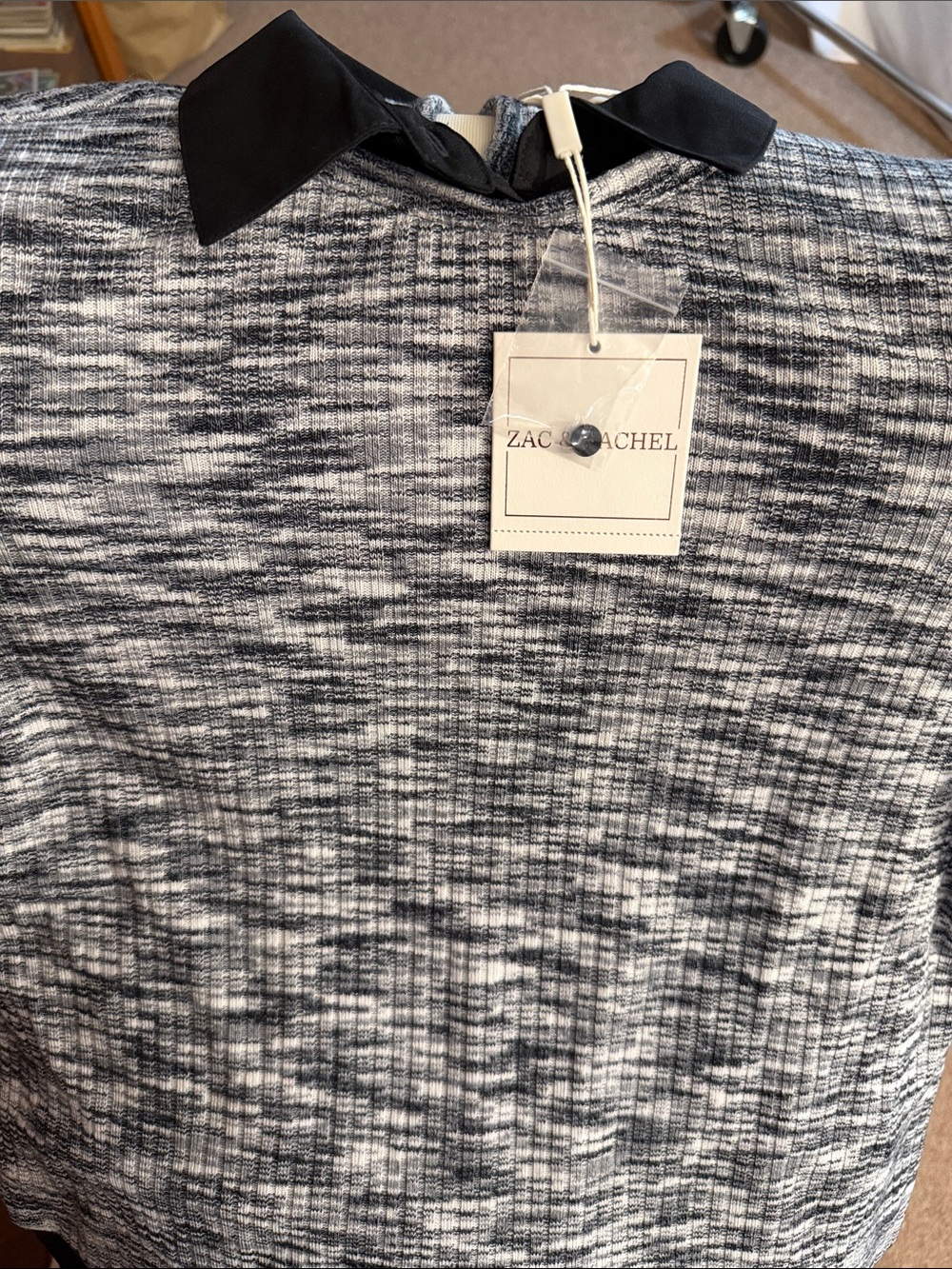Zac & Rachel Black and White Marled Knit Top with Contrast Collar